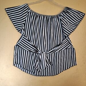 Blue and White Striped Flutter Sleeve Blouse